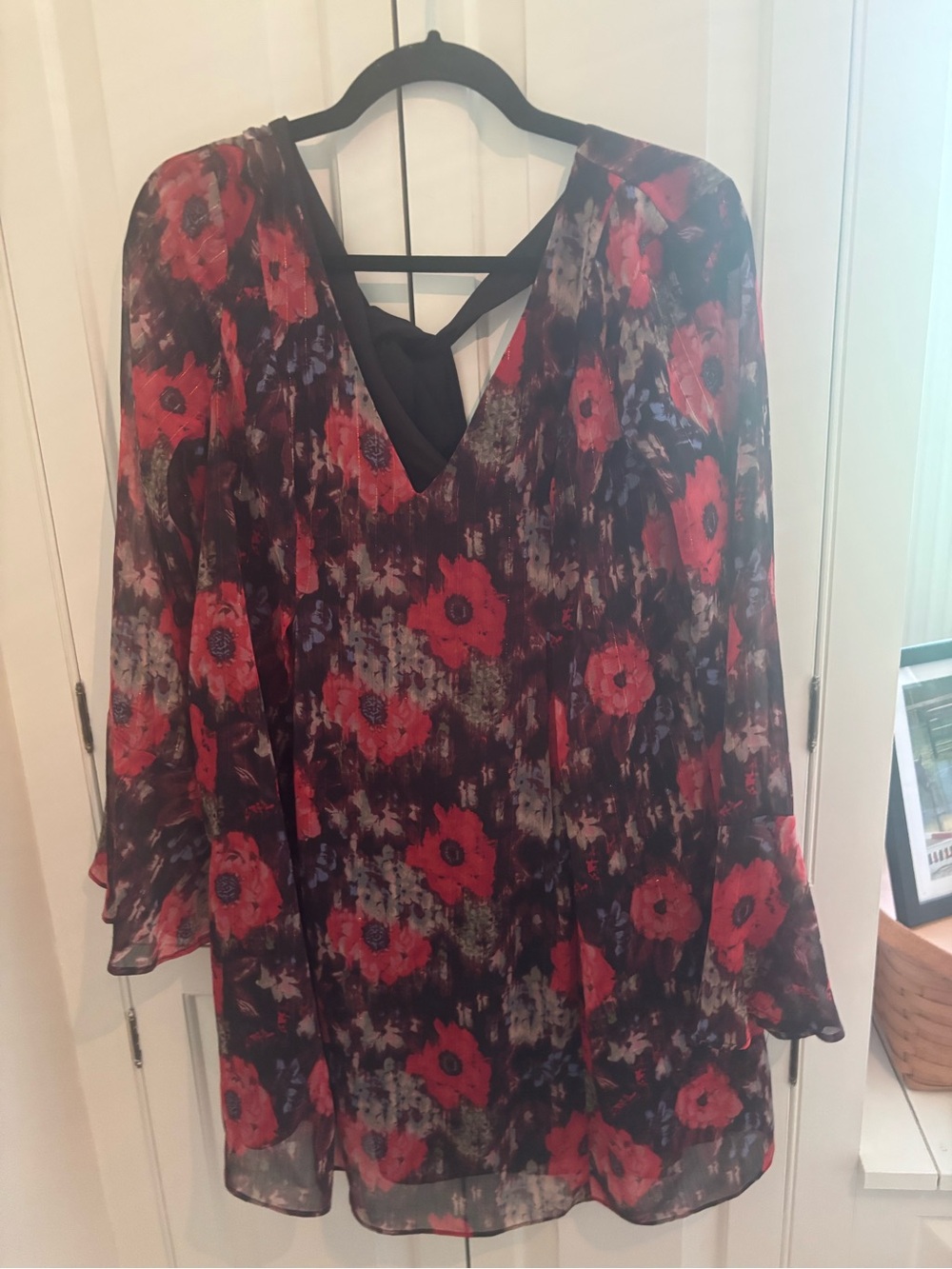 BCBGeneration Black Chiffon Floral V-Neck Tunic with Red Blooms